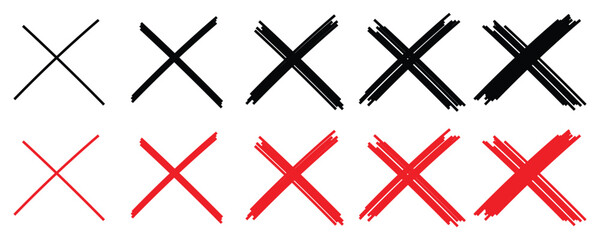Obraz premium Wrong X mark, Set of grunge x sign. Wrong mark collection. cross brush sign red checkmark and red X icons,