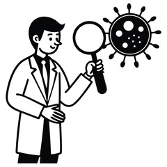 doctor with magnifying glass examining virus vector on white background.