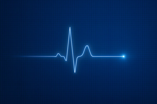 Digital heart rate waveform on a blue grid background, showing a glowing ECG signal representing vital signs in a modern medical monitor display.