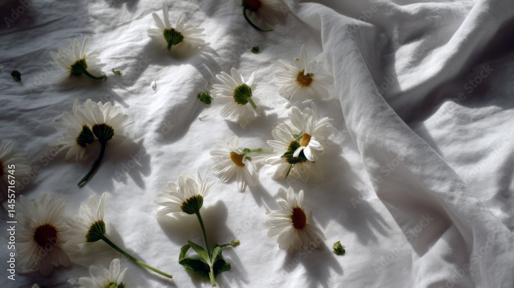 Poster white daisies lie scattered across a textured linen sheet, their soft petals highlighted by gentle l
