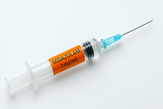 Midazolam 1 mg/mL labeled syringe on white background. Used for sedation, anesthesia, and emergency medicine. Medical and pharmaceutical concept.