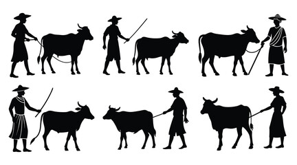 A dairy cow vector art and illustration of a Farmer man with a domestic animal cow  isolated on a white background animal rural scene man walking with a cow set