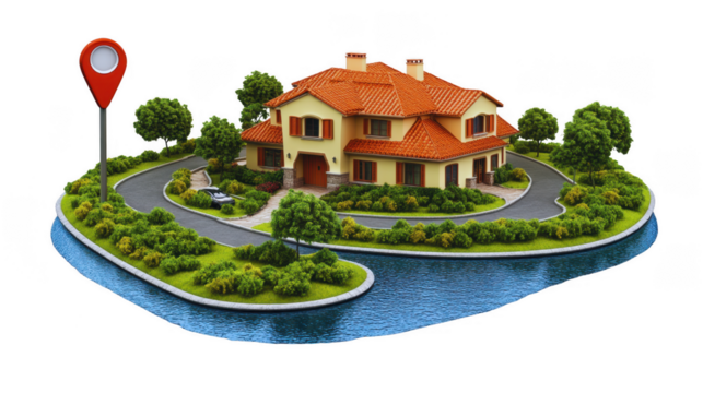 Small house on an island with a golf ball in a serene landscape setting during a sunny day