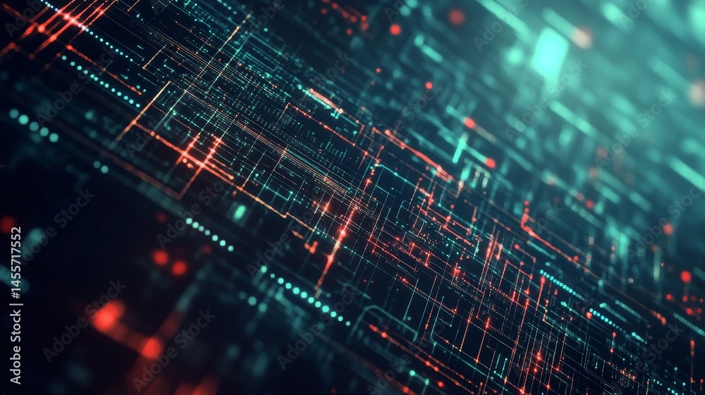 Poster dramatic visualization of interconnected nodes and lines in a digital landscape with glowing blue el