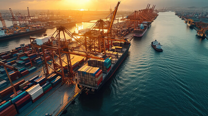 Aerial view container port at sunset, industrial shipping dock with cargo ship, crane, and containers, busy harbor, logistic and transportation hub, vibrant atmosphere