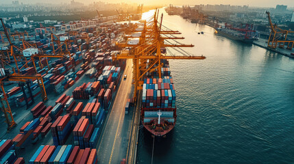 Aerial view seaport shipping container cargo ship industrial sunrise water transportation logistics cityscape. Busy seaport with cargo ships and containers sunrise industrial area waterway