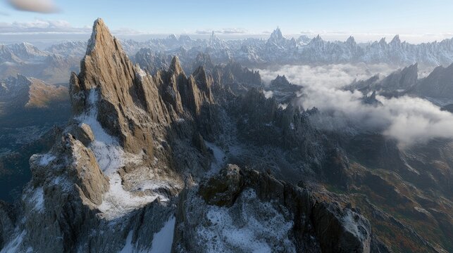 Majestic mountain range aerial view snow peaks and clouds