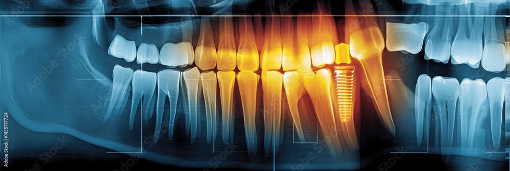 Poster human jaw x-ray displaying detailed titanium dental implant positioned accurately within the bone st