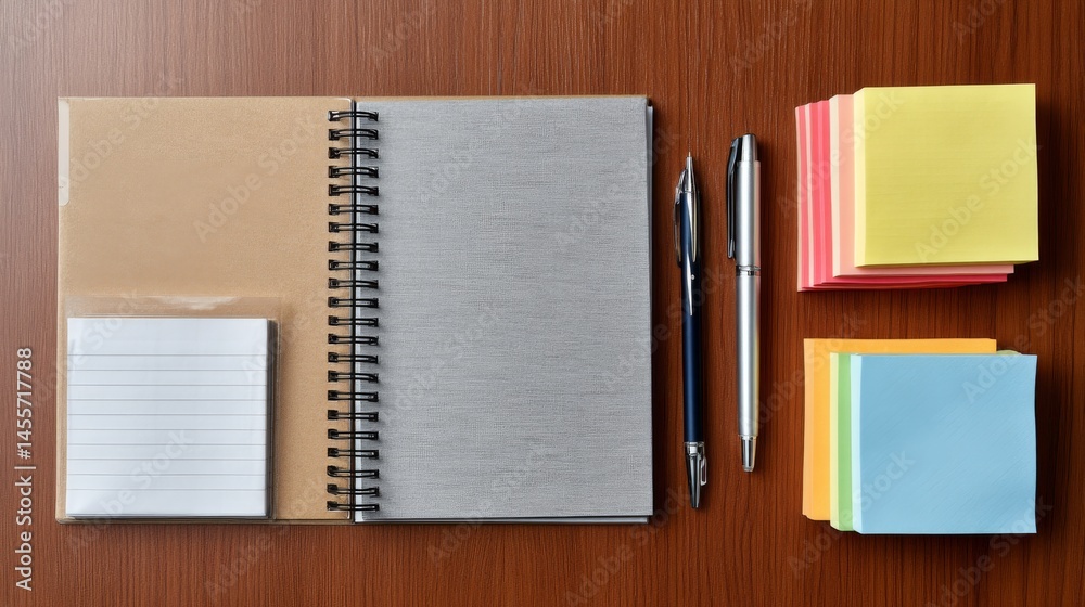 Poster an open sketchbook alongside a navy pen and a stack of pastel sticky notes rests neatly on a polishe