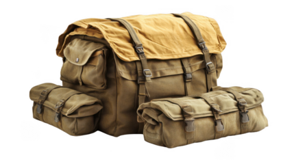 Backpack with two additional bags attached in outdoor setting for travel and adventure purposes