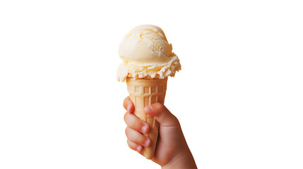 Hand holding a vanilla ice cream cone, PNG, created with Generative AI