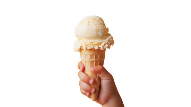 Hand holding a vanilla ice cream cone, PNG, created with Generative AI