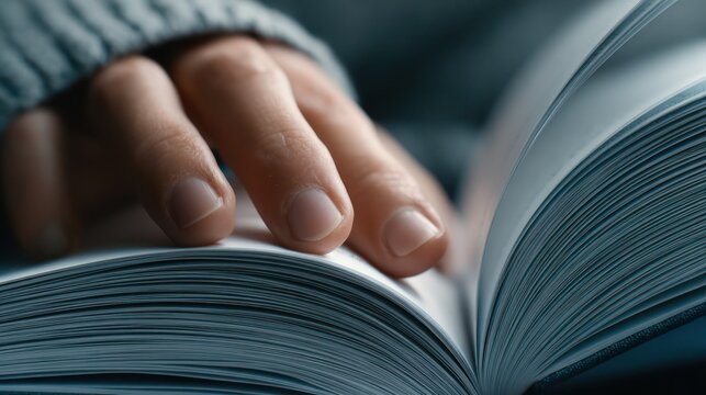 Close-up of a hand turning pages of a book. Soft focus on fingertip. Light and shadows highlight the book's pages