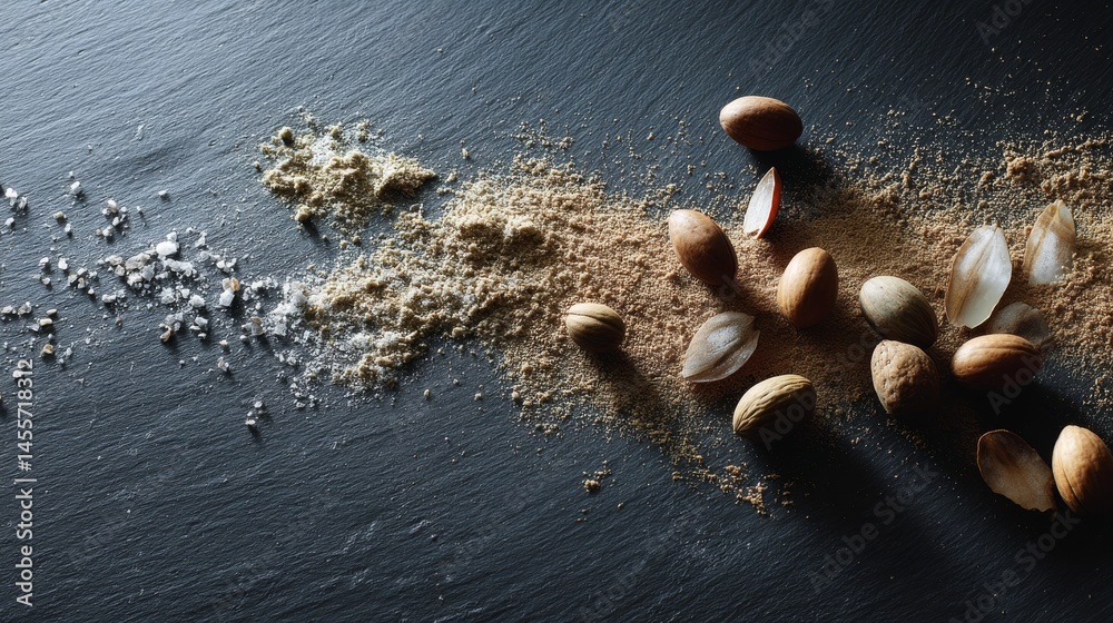 Poster a close-up display of crushed nutmeg and whole nutmeg pods scattered on a dark slate background, sho