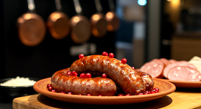 Georgian kupati sausages, coarse pork sausage with pomegranate seeds 