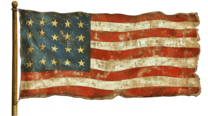 Old american flag with stars and stripes displayed in a weathered condition on a rustic background