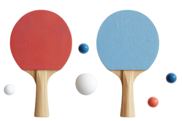 Red And Blue Ping Pong Paddles With Balls On Transparent Background
