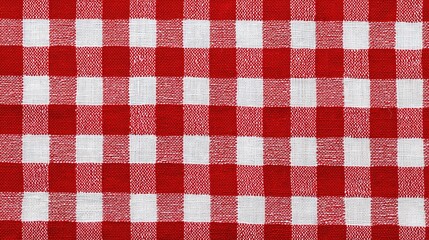 A classic red and white checkered tablecloth with a traditional gingham pattern evokes cozy, nostalgic vibes perfect for picnics and family meals.
