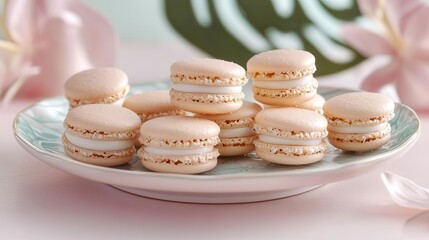 Coconut sweet desert treat Delicate macarons arranged neatly on an elegant plate.