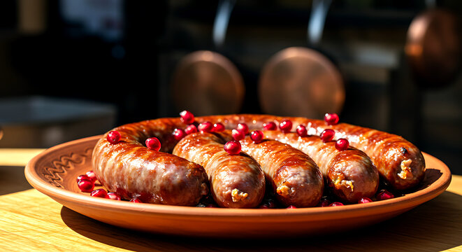 Georgian kupati sausages, coarse pork sausage with pomegranate seeds 