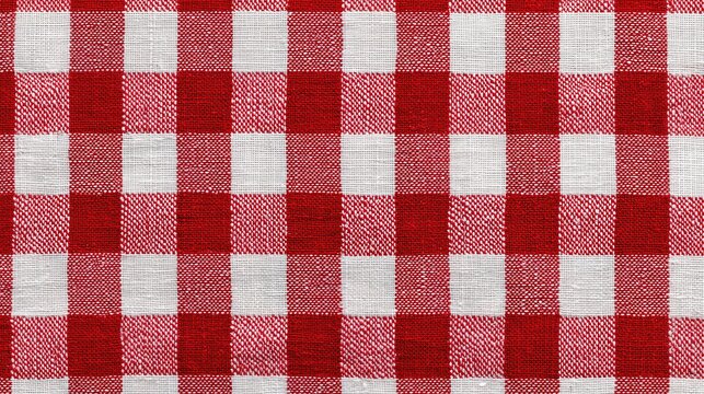 A classic red and white checkered tablecloth with a traditional gingham pattern evokes cozy, nostalgic vibes perfect for picnics and family meals.
