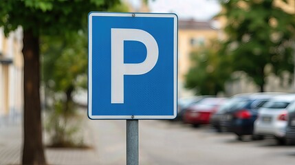 A blue and white parking sign with the letter "P" marks a designated area for vehicles, with softly blurred cars in the background.


