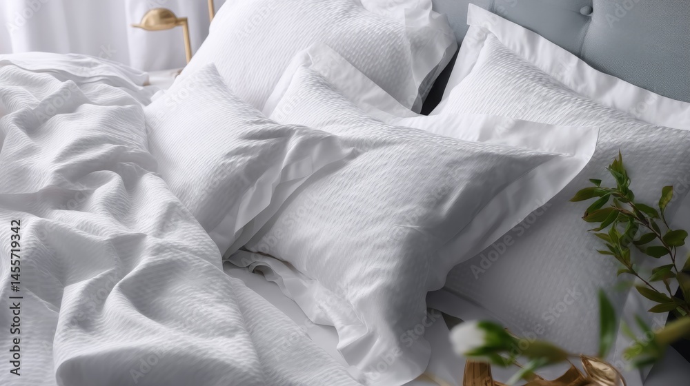 Leinwandbilder a top-down view reveals a beautifully made bed featuring textured white linens and plush pillows, cr