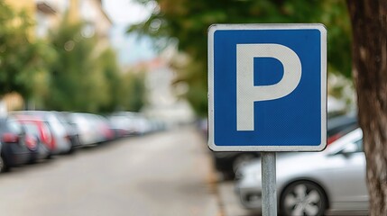 A blue and white parking sign with the letter "P" marks a designated area for vehicles, with softly blurred cars in the background.



