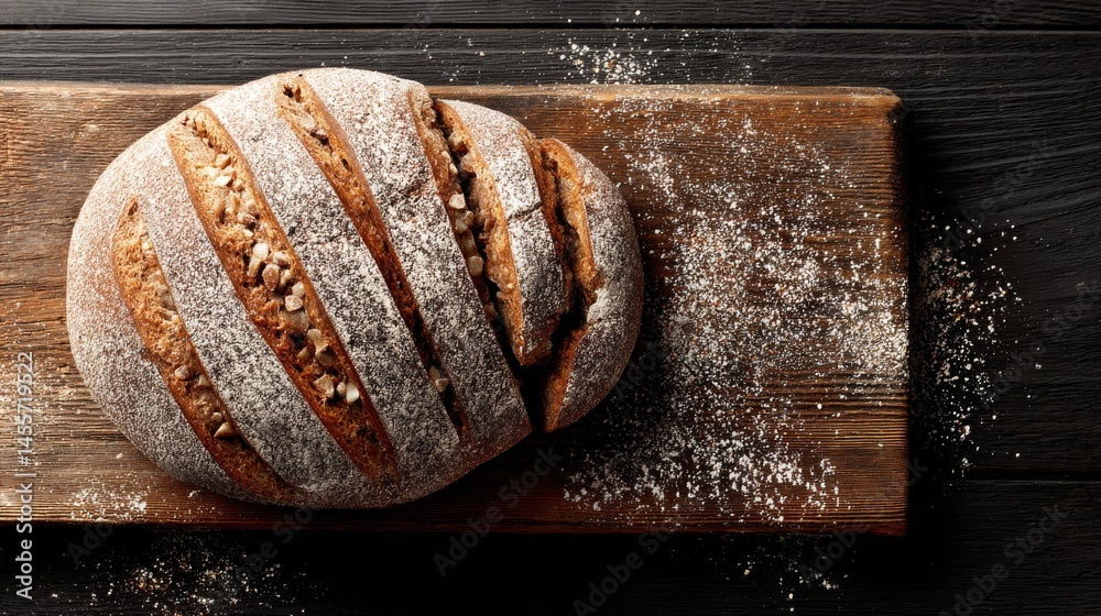 Poster sliced rustic rye bread rests on a vintage cutting board, surrounded by scattered flour, creating a 