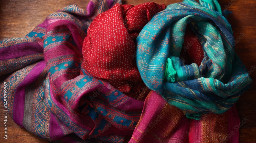 Leinwandbilder colorful fabrics arranged on a wooden surface highlight various patterns and textures, with plenty o