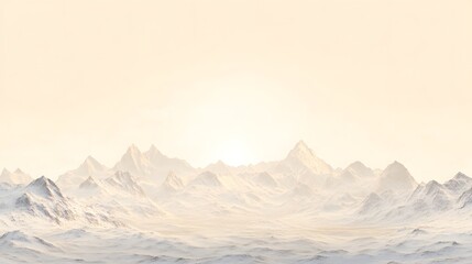A vast and snow covered mountain range extends under a soft sky