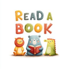 Cute animal characters enjoying reading with colorful letters and positive message
