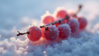 High-resolution stock photo of a cluster of frozen grapes, each individual grape glistening with intricate, delicate ice crystals that refract soft, warm light, shot in an extreme macro view, 