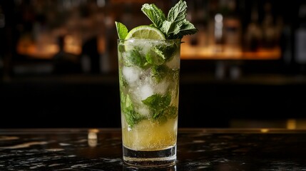 Mojito cocktail with mint leaves, lime wedges, and crushed ice in a tall clear glass 