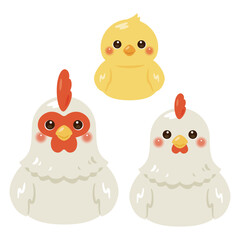 お座りしたニワトリとヒヨコのイラストセット