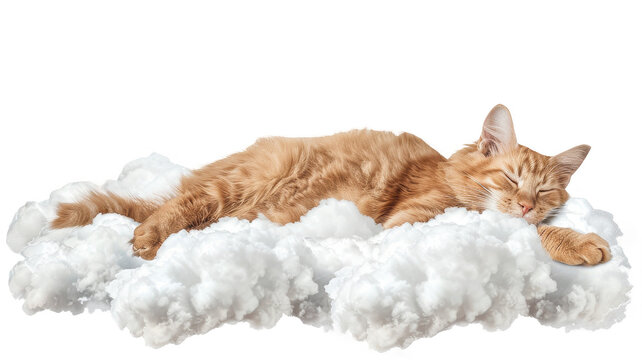 Ginger cat sleeping comfortably on a cloud pet dream cute feline rest on transparent background