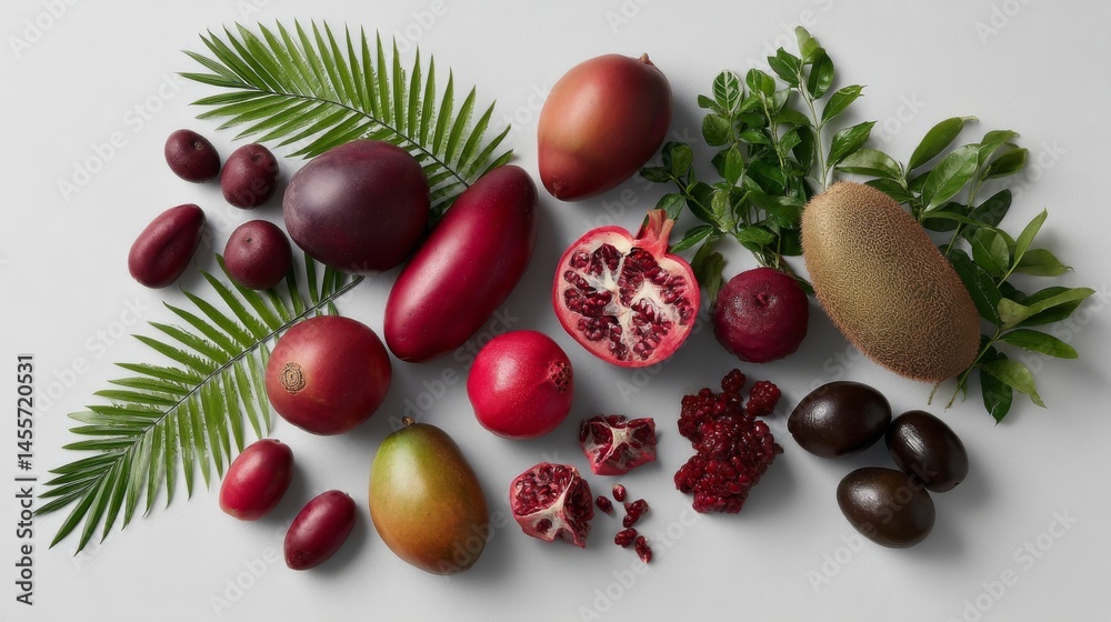 Fototapete bright red tropical fruits with shiny skins and fresh green leaves are arranged on a plain white sur