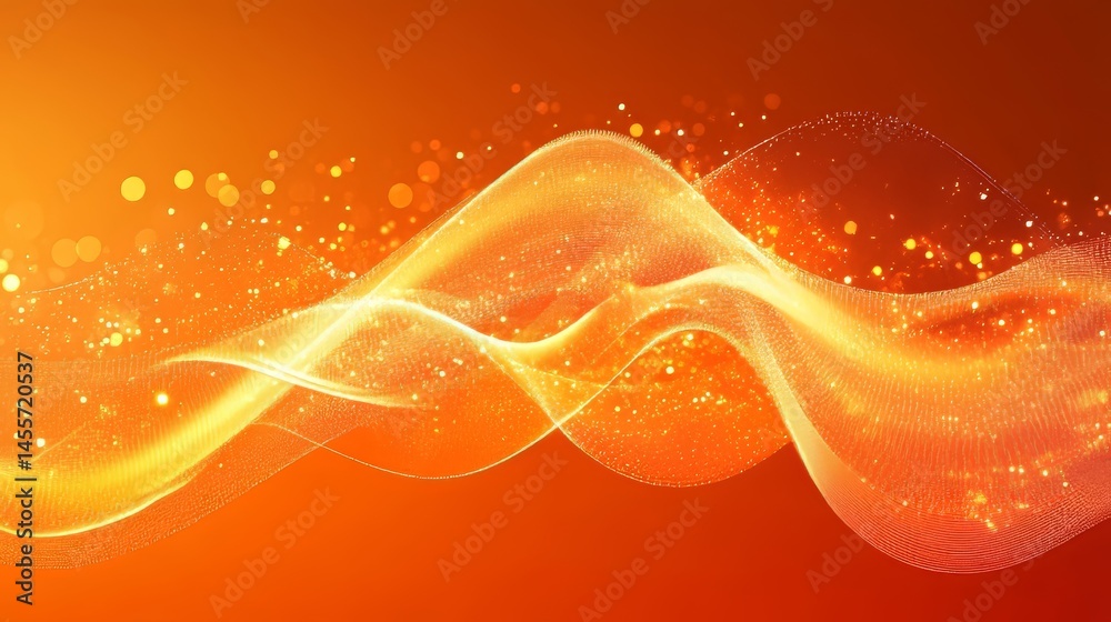 Poster light particles create a mesmerizing golden wave pattern in a dark environment with shimmering effec