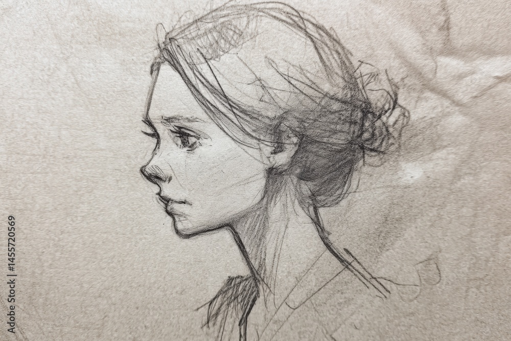 Aufkleber Pencil Sketch of a Womans Profile on Textured Paper Showcasing Delicate Lines and Subtle Expressions in Soft Shades Generative AI