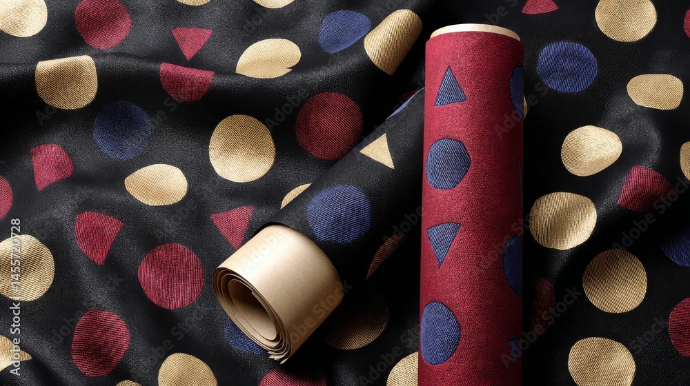 Poster Colorful geometric shapes are arranged in a continuous pattern, featuring bold motifs and contrasting colors, with ample blank space for text on the right side