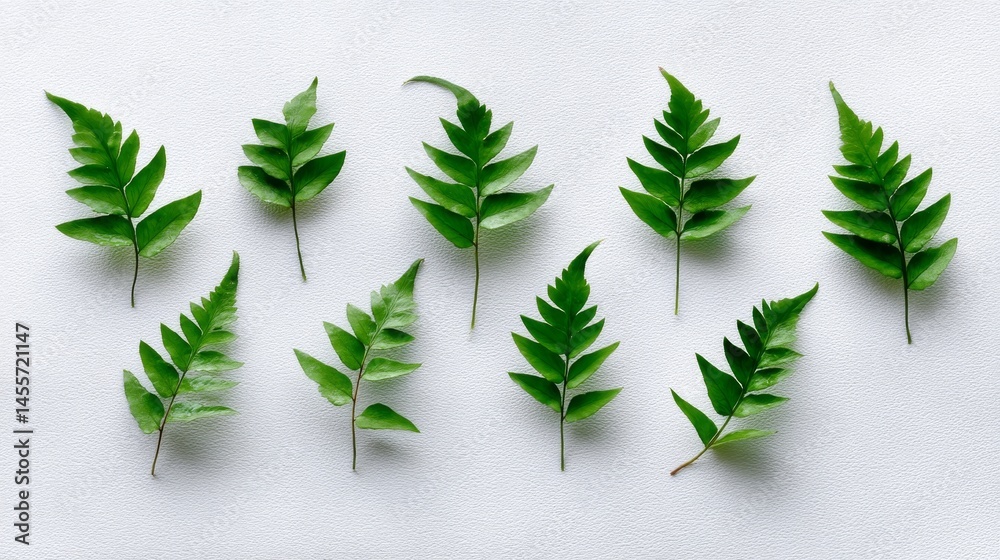 Poster Green fern leaves are artistically arranged on a flat white surface, subtly casting shadows. The composition offers space for text or branding
