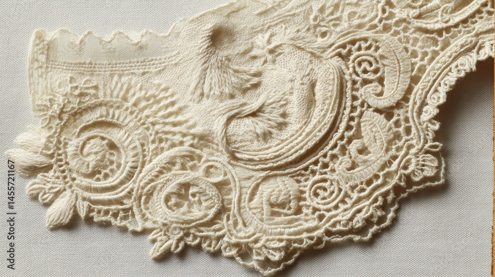 Aufkleber exquisite handwoven lace features intricate floral and leaf designs on a soft neutral backdrop, prov