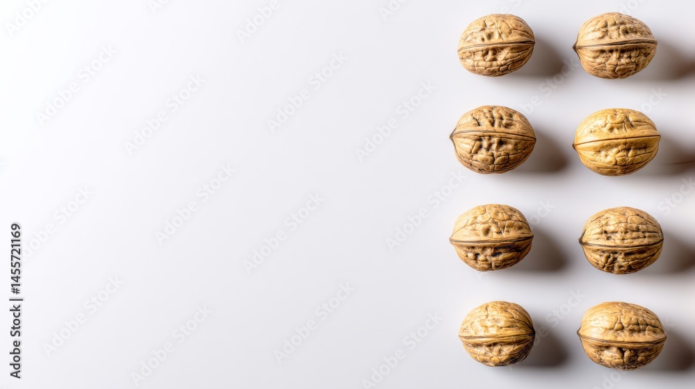 Poster dried walnut halves are symmetrically organized on a crisp white surface, offering a minimalist aest