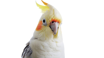 Portrait of a cute cockatiel pet bird with yellow crest and orange cheek on transparent background