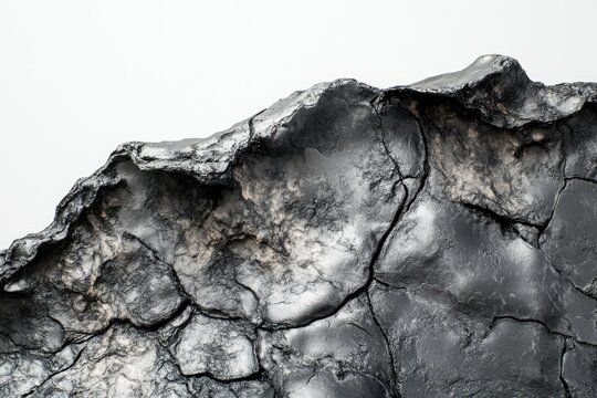 Close-up shot of a dark, cracked rock formation against a bright white background showcasing textures and geological patterns.