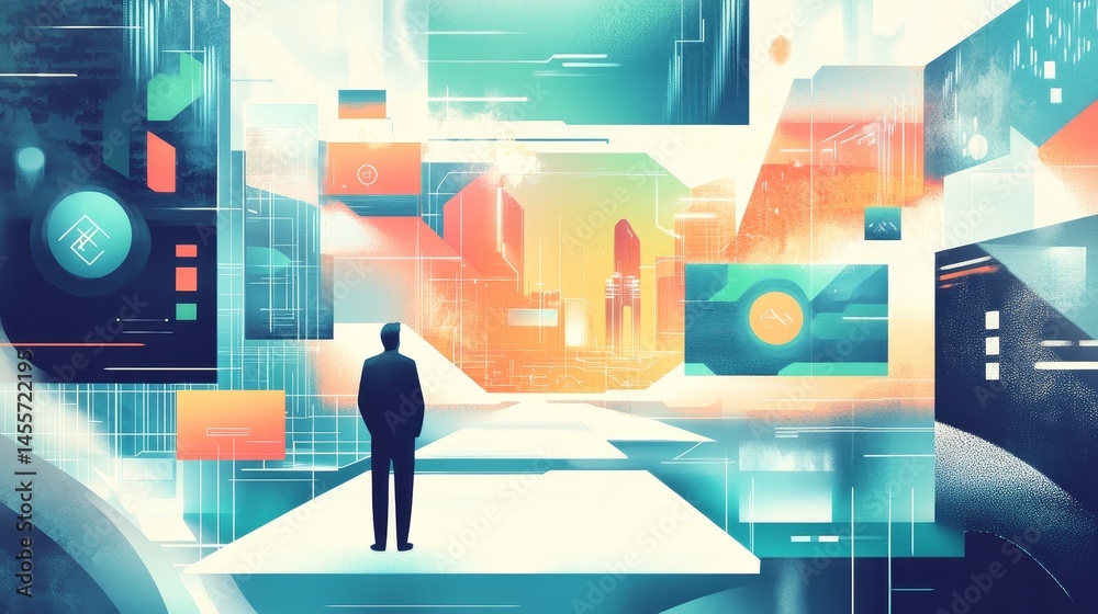 Poster modern digital workspace with three professionals collaborating in a high-tech environment featuring