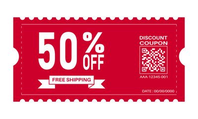 50% Off Red Discount Coupon with QR Code and Free Shipping Label vector illustration

