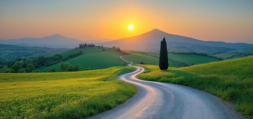 Tuscan Sunset: Serene Countryside Road at Golden Hour
