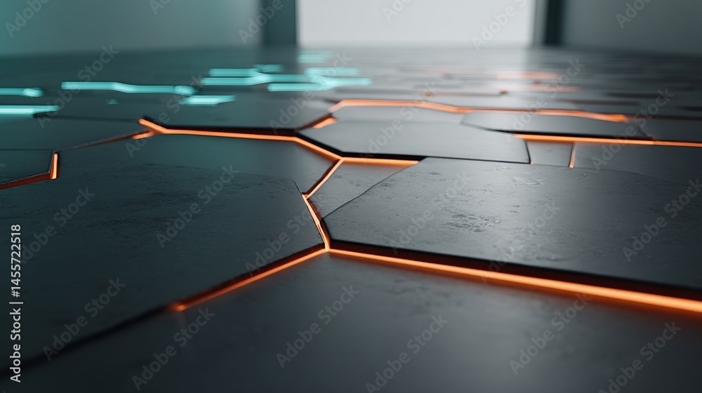 Aufkleber Abstract background featuring hexagons illuminated in cyan and orange on a dark surface, with ample copy space on the right for creative use