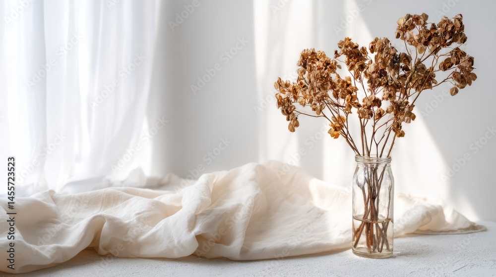 Poster a pristine ivory tabletop showcases a glass vase filled with dried flowers, creating a serene and mi